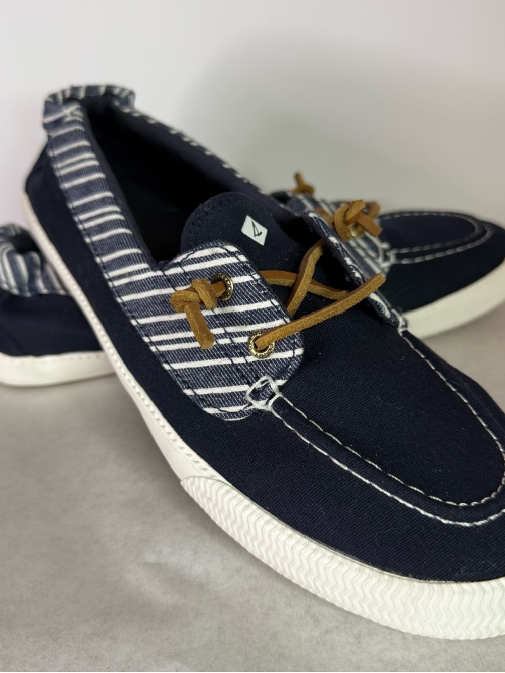 Sperry Navy Blue Striped Canvas Boat Shoes with Tan Laces - Picture 4 of 7